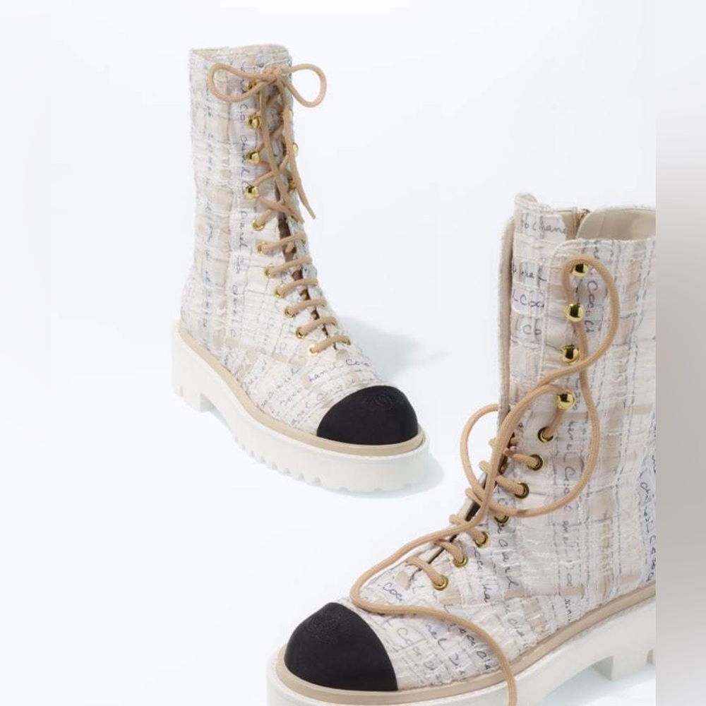 Chanel Tweed & Grosgrain Lace up Boy Boot